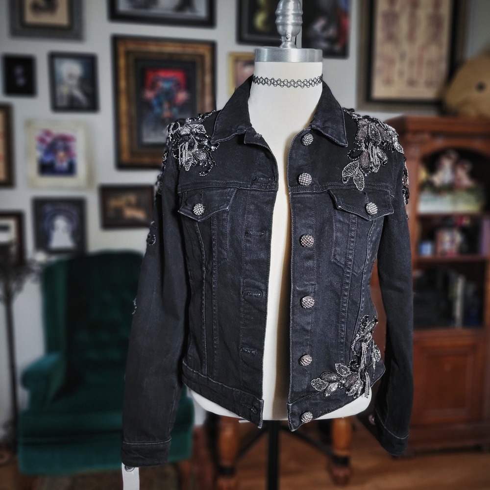 Måret Denim Jacket Black Beaded Floral Embellished‎ Sequin Jean Trucker Coat New